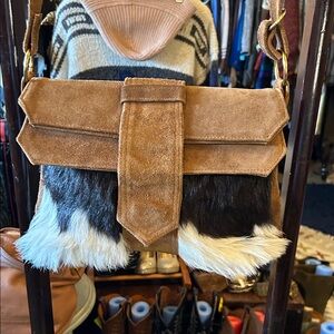 Vintage Suede and Hide Tan and Black Women's Shoulder Bag